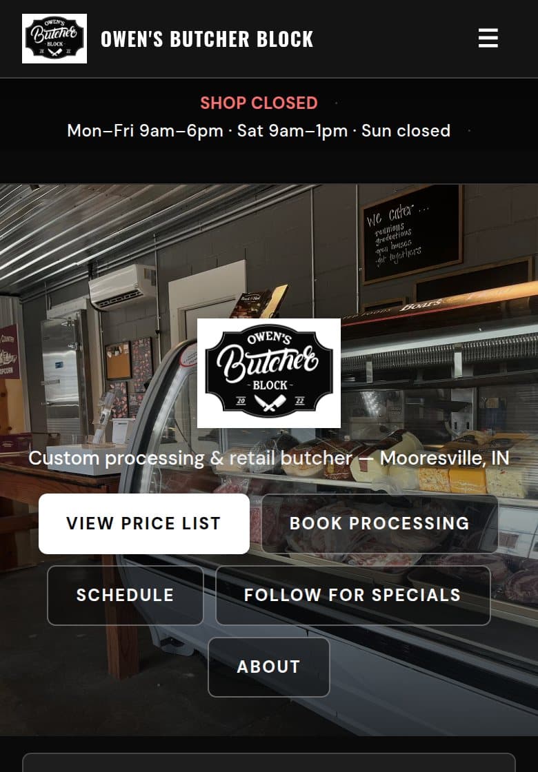 Butcher customer home — shop status, booking, and the case