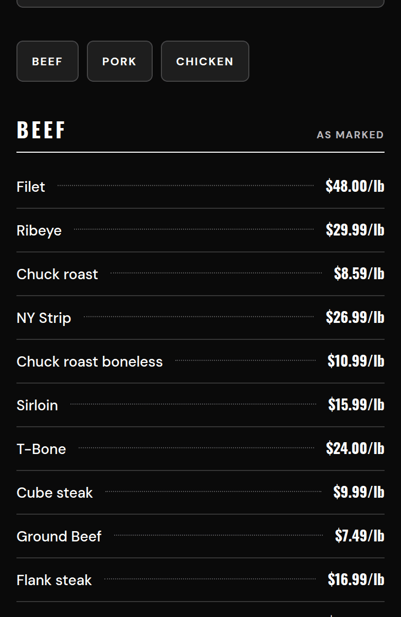 Retail price list in the case, by the pound